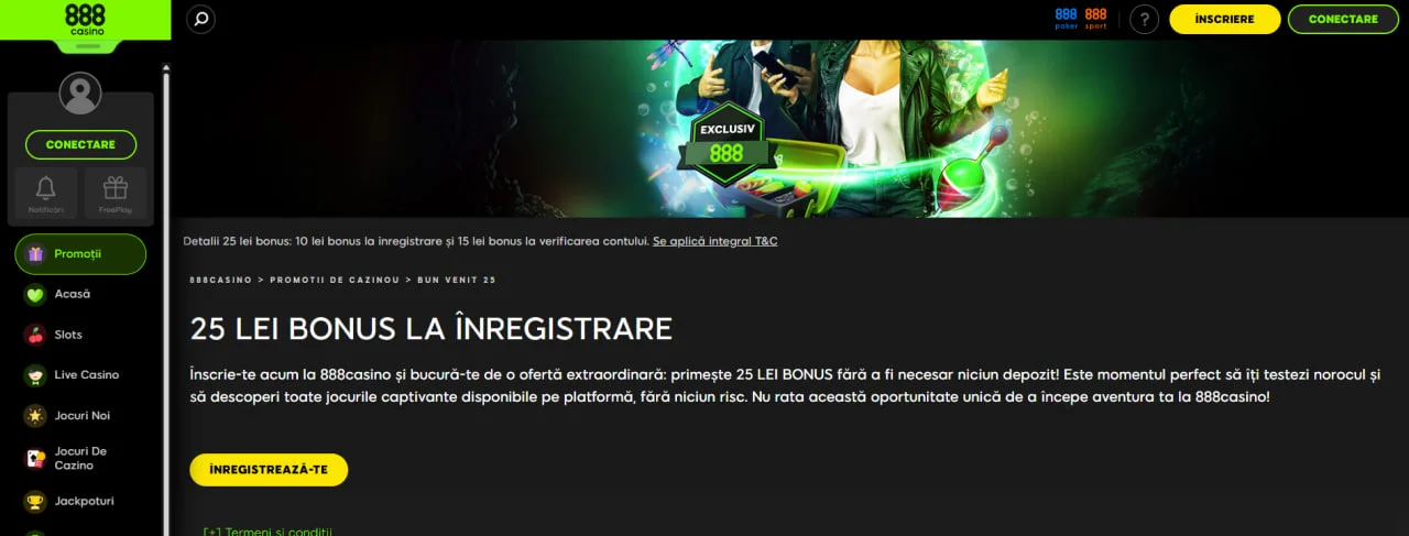 Pagina promoțională 888 Casino care oferă 25 RON bonus la înregistrare fără depunere, cu buton „Înregistrează-te” și detalii despre condițiile ofertei.