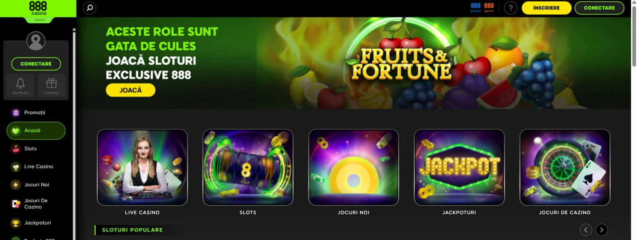 Interfața principală 888 Casino cu bannere promoționale, secțiuni pentru jocuri populare și meniu lateral pentru navigare rapidă.