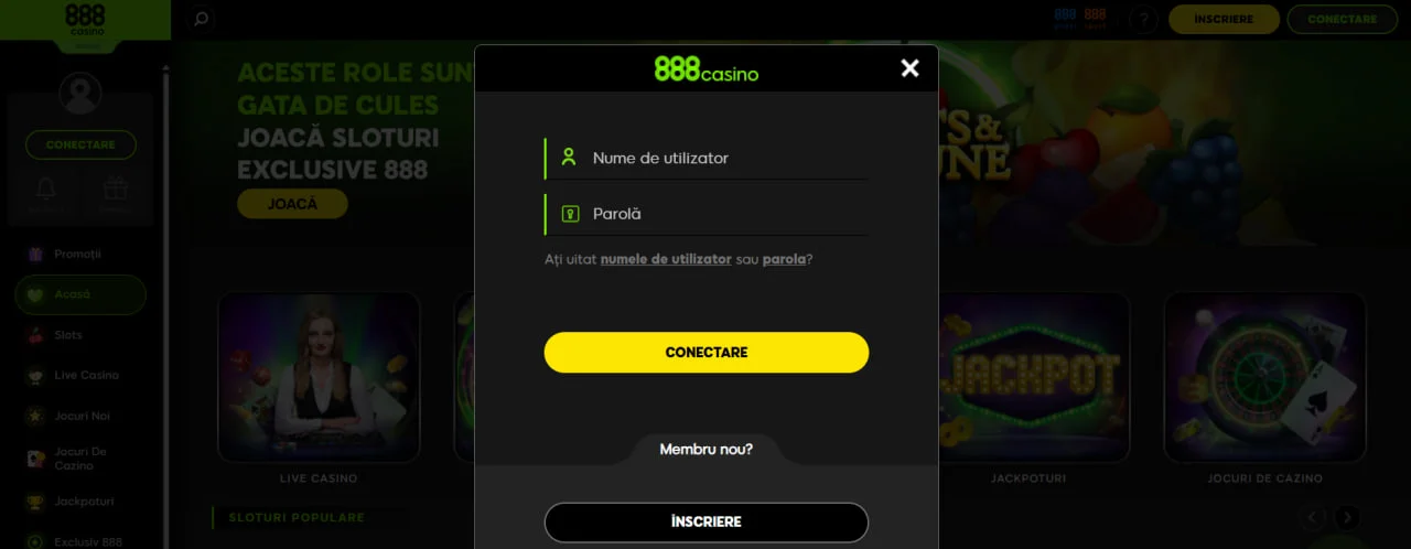 Fereastra de autentificare la 888 Casino cu câmpuri pentru nume de utilizator și parolă, opțiuni de conectare și înscriere.