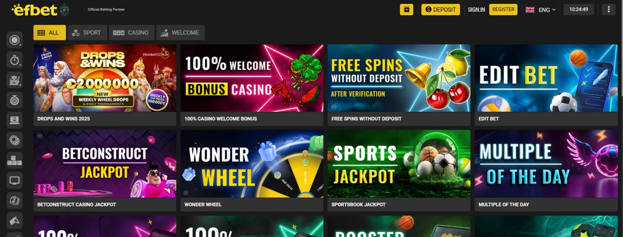 Interfața secțiunii promoții de la Efbet Casino – bonus de bun venit, rotiri gratuite, jackpoturi și promoții pentru pariuri sportive
