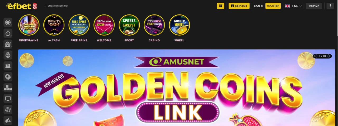 Pagina principală Efbet Casino cu banner promoțional pentru bonusul de bun venit – 2.000 EUR și 225 rotiri gratuite.