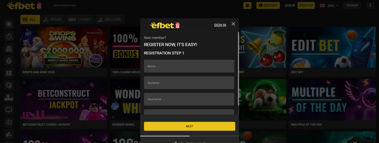 Formular de înregistrare la Efbet Casino – completarea adresei de e-mail, parolei și monedei preferate.