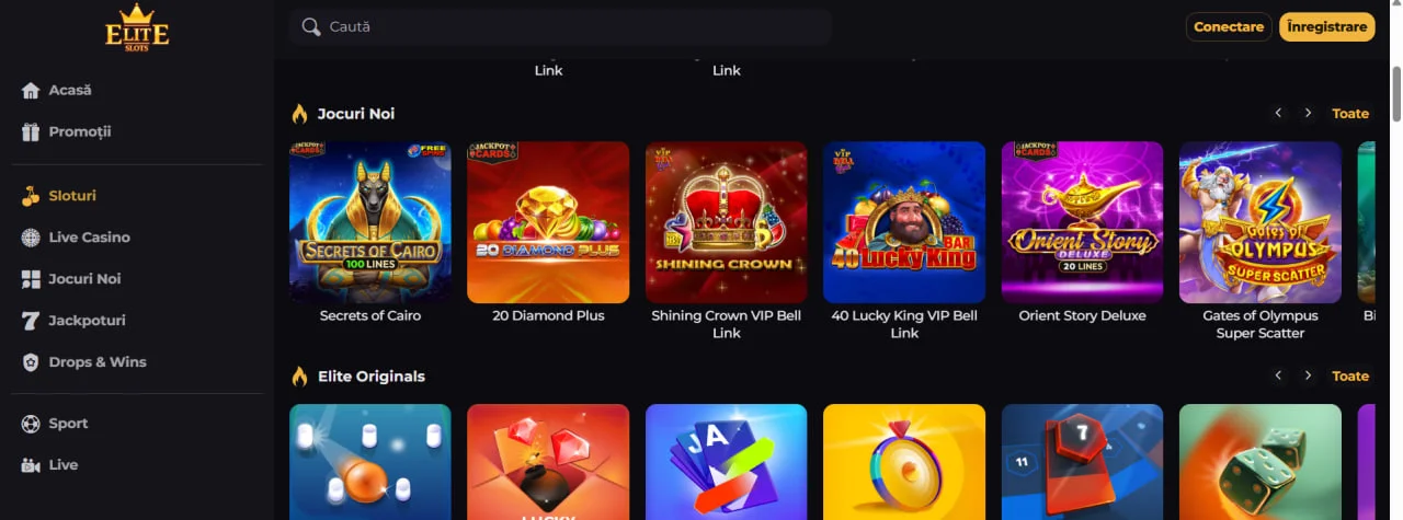 Selecție de jocuri populare în lobby-ul Casino Elite, inclusiv sloturi noi și originale, cu meniu de navigare în stânga