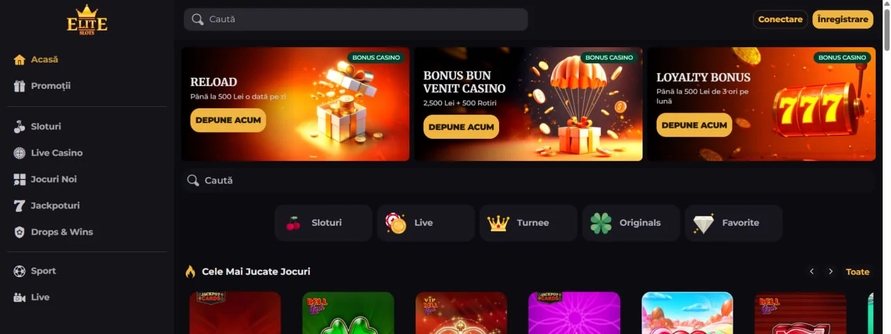 Interfața principală Casino Elite cu promoții active, categorii de jocuri și bara de navigare laterală
