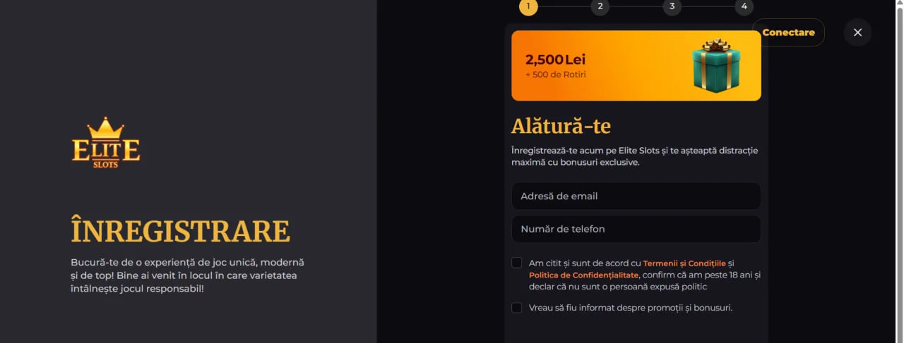 Pagina de înregistrare Casino Elite cu formular pentru e-mail și număr de telefon și bonus de bun venit afișat