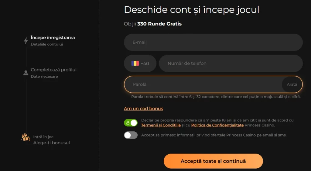 Înregistrare la Princess Casino