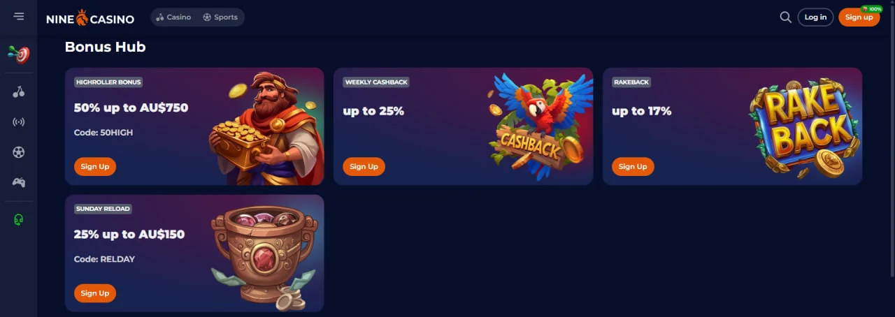 Secțiunea Bonus Hub NineCasino afișând oferte ca ‘50% up to AU$750’, cashback până la 25% și ‘Rake Back’, fiecare cu buton portocaliu ‘Sign Up