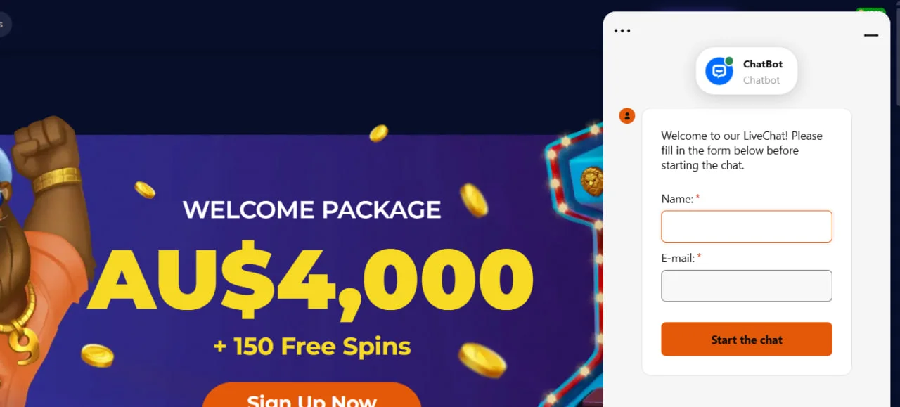 Widget Chatbot NineCasino în colțul din dreapta jos, cu titlul ‘Chatbot’ și câmpuri pentru nume și email, pe fundal albastru închis al site-ului"