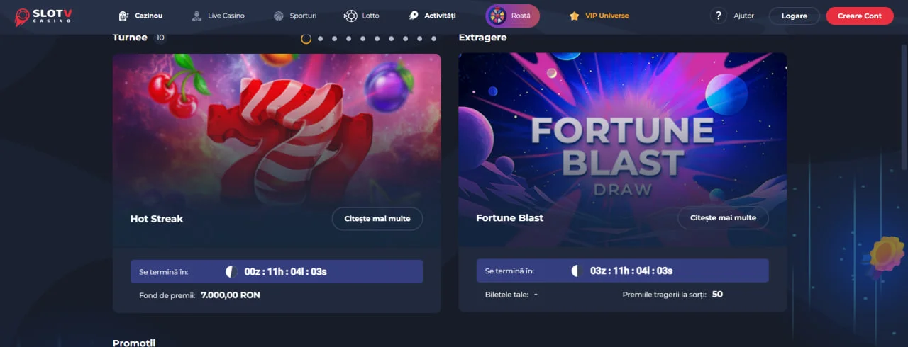 Pagina de Turnee SlotV Casino, afișând competițiile active „Hot Streak” şi „Fortune Blast Draw” cu cronometre care indică timpul rămas și fondul de premii de 7.000 RON.