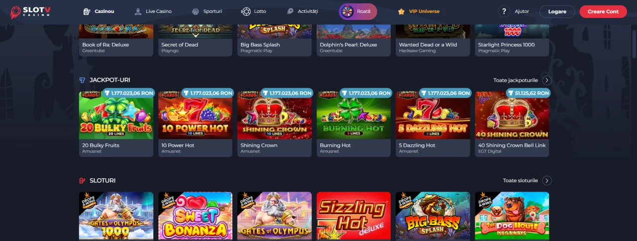 Catalogul de jocuri al SlotV Casino în secțiunea „Sloturi”, prezentând titluri populare (Book of Dead, 10 Power Hot, Big Bass Splash etc.) cu iconițe clare și filtre de sortare precum „Jackpot-uri” și „Video Poker”.