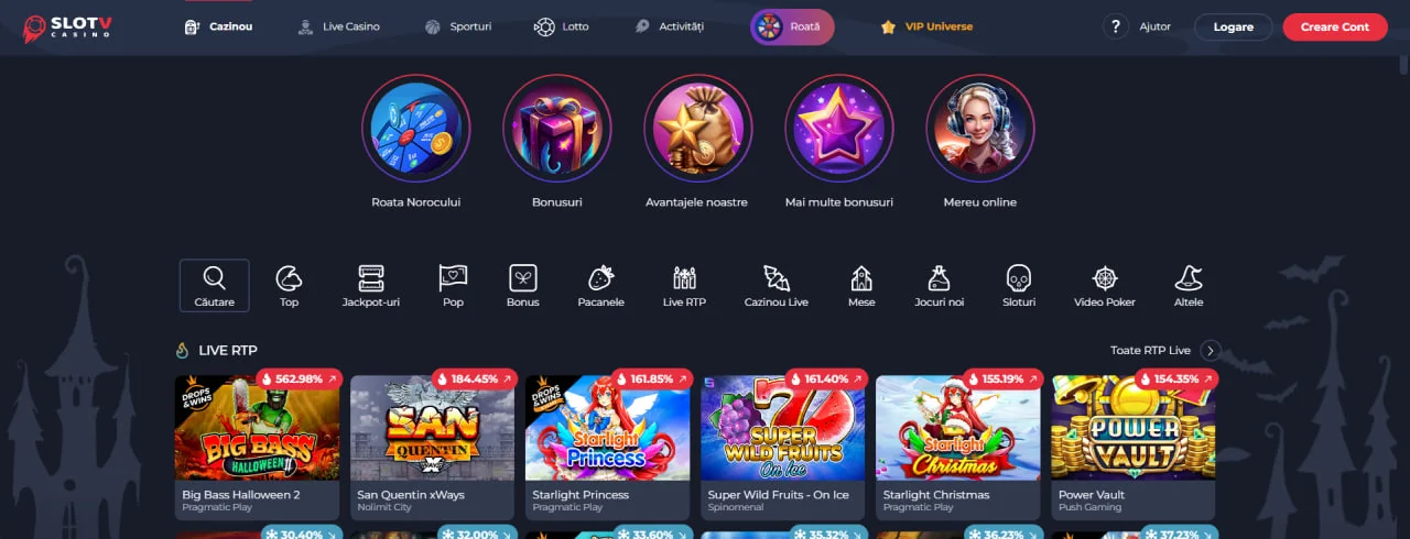 Bara de navigație a SlotV Casino cu opțiuni „Cazinou”, „Live Cazinou”, „Sporturi”, „Loto”, „Activități”, „Roată” şi „VIP Universe”, urmată de un carusel cu oferte speciale (Bonusuri noastre, Misiuni online) şi o listă de sloturi Live RTP cu procentaje de câștig afișate