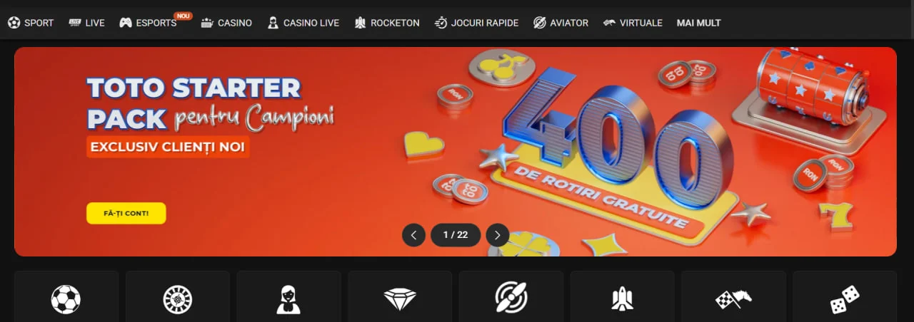 Banner promoțional TOTO Casino cu pachetul de start – 400 de rotiri gratuite pentru clienți noi, tematică portocalie și simboluri de cazino.