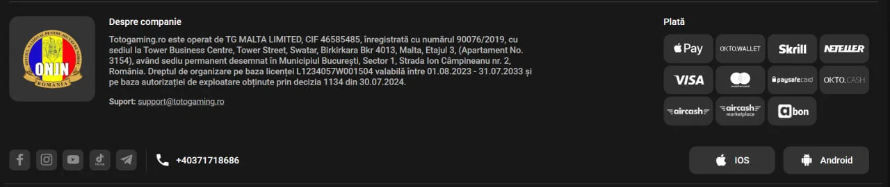 Secțiunea de jos a site-ului TOTO Casino cu detalii legale, metode de plată acceptate și butoane pentru aplicații mobile.